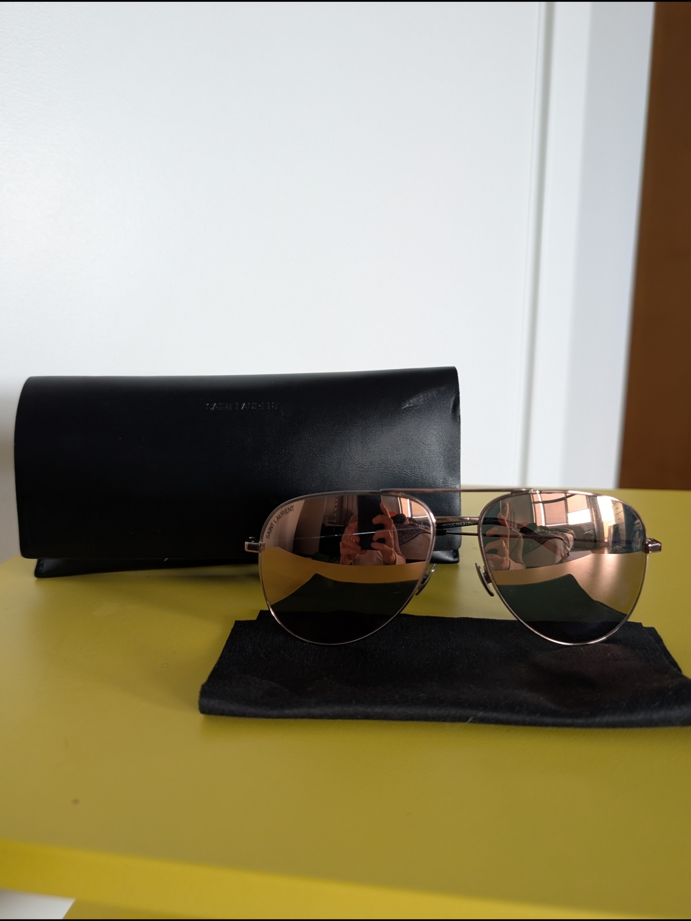 Saint Laurent Women's Aviator Metal Frame Sunglasses in Rose Gold with Case